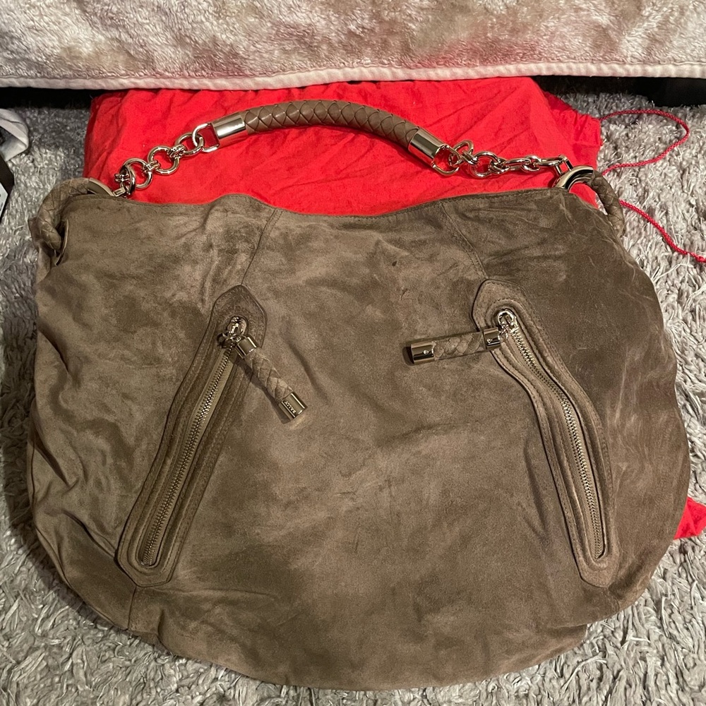 Bally Elegant Brown Suede Bag Gold Details Excellent Condition